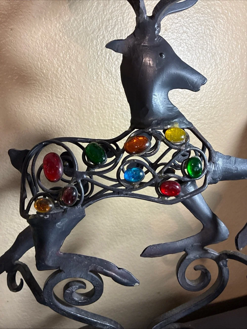 Pier 1 Imports Vintage Christmas Reindeer Tri Candle Holder Forged Iron Reindeer